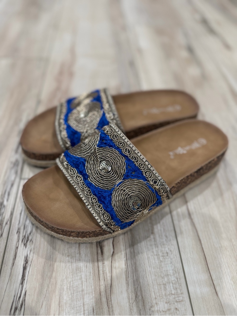 Nature Breeze Blue Embroidered Slide Sandals